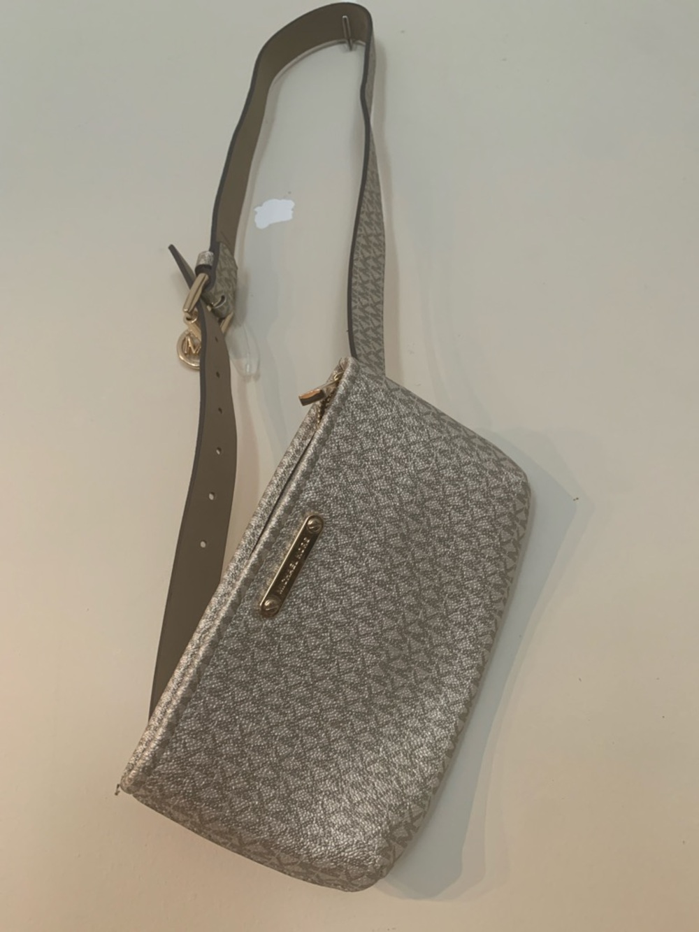 Gray Metallic Crossbody Sling Bag with Gold Hardware